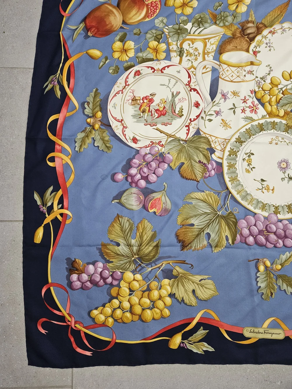 Salvatore Ferragamo Blue and Navy Silk Fruit-Print Scarf